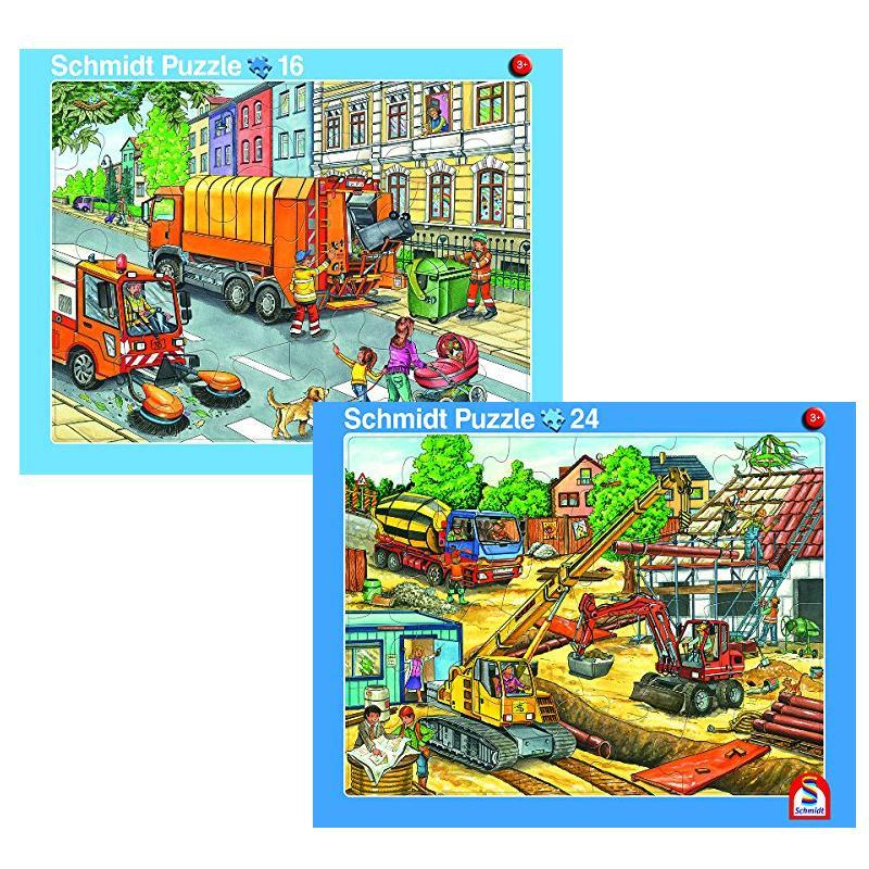 Schmidt Puzzle - 2er Rahmenpuzzle Müllauto16Teile/Baustelle24Teile