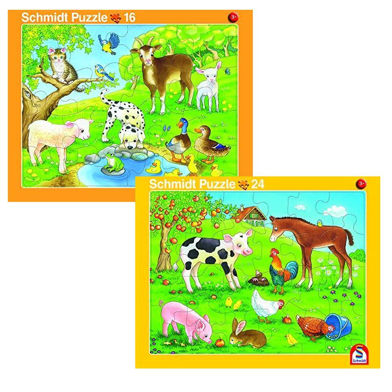 Schmidt Puzzle - 2er Set Rahmenpuzzle Tierfreunde 16Teile/Tierkinder 24Teile