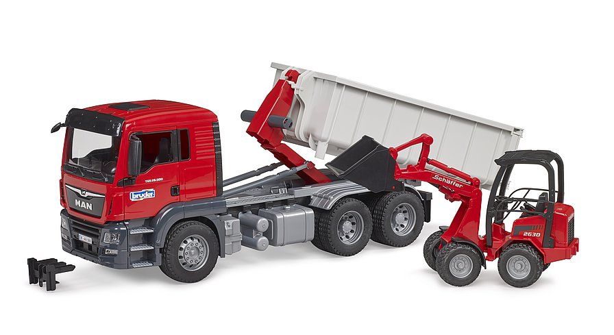 Bruder 03767 - MAN TGS Abrollcontainer mit Schäffer Hoflader